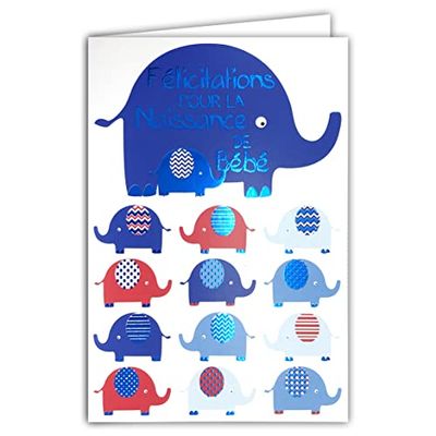 66-1141 Glossy Blue Card with Envelope Congratulations on the Birth of Baby Boy Girl Mom Dad Parents Family Elephants Bath Illustration Happy Event