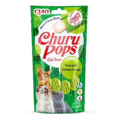 INABA Churu Pops Snack per Gatti in Stick di Gelatina al Tonno e Pollo - 1 Pack (4 Stick x 15gr) - Cibo per Gatti Sano e Gustoso, Texture Morbida, Snack Gatto Senza Conservanti o Coloranti Artificiali