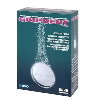 Gripdent Tabs 54 - Tabletas desinfectantes - Desinfecta y blanquea dentaduras postizas, mordedores, protectores bucales, aparatos de ortodoncia y dispositivos para la apnea del sueño.