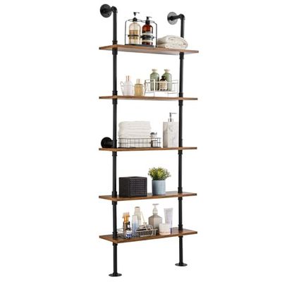 VEVOR Industrial Pipe Shelf, 5 Tier 24x9.84in, Wall-Mount Floating Rustic Wood Shelves Bracket Display Bookshelf, Storage Rack Sundries Holder for Kitchen Bedroom Bathroom Living Room, Black