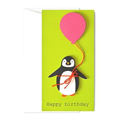 Birthday - pinguino - palloncino rosa - porta soldi - biglietto d'auguri (formato 21 x 11 cm) - vuoto all'interno, ideale per il tuo messaggio personale - realizzato interamente a mano.