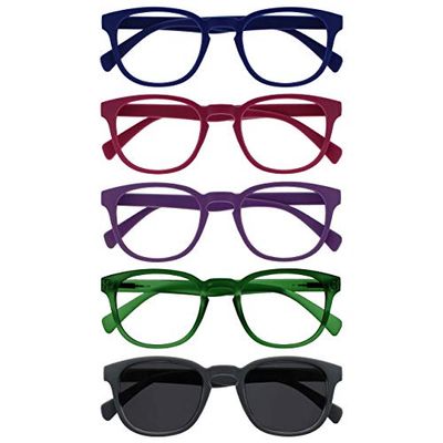 OPULIZE Pop 5 Pack Reading Glasses With Reading Sunglasses Retro Blue Pink Purple Green Grey Mens Womens RRRRS2-34567 +1.00