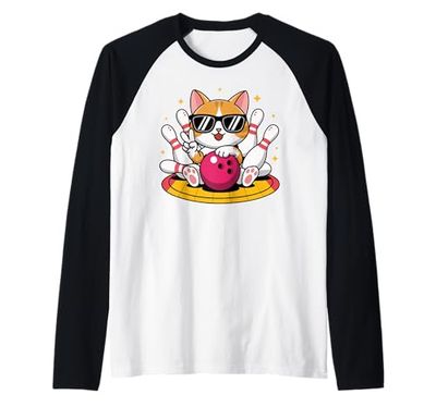 Bowling Cat with Sunglasses and Pink Ball – Fun Design Maglia con Maniche Raglan