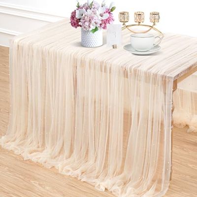 LuoluoHouse Champagne Pearl Table Cloth: Wedding Table Runner Decor 10ft Tulle Fabric for Party Bridal Shower Wedding Arch Veil Lace Table Runner Decorations 60x120 Inch