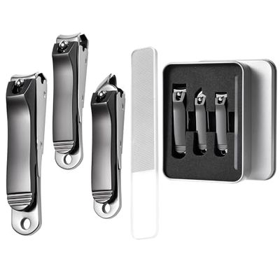 Nail Clippers Set 4-in-1 Stainless Steel Professional Nail Scissors for Fingernails & Toenails with Collection Container, Anti-Splitter Design & Glass File, Ideal for Thick Nails & Ingrown Toenails