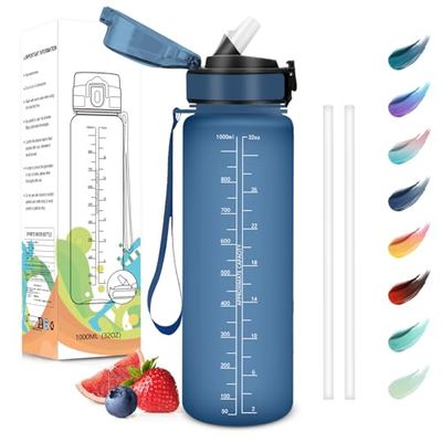 Motswedi Botella Agua 1 Litro, Sin BPA, Botella Agua con Pajita, Reutilizable, Botella Agua Gimnasio, a Prueba de Fugas, Botella de Agua, Cantimplora para Gym, Yoga, Oficina, Escuela, Azul Oscuro