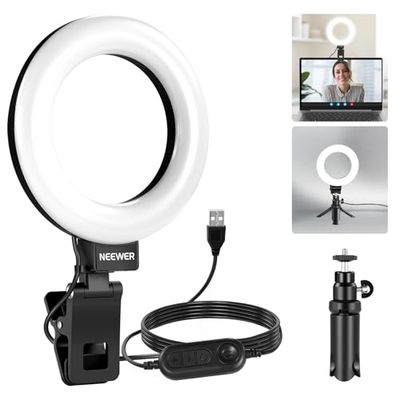NEEWER Basic 5" Ring Light avec Clip et Trépied,10W 3000k-6000K Dimmable Clip sur Lumière pour Laptop Computer Monitor Vidéoconférence,Selfie,Vlog,Maquillage,Live Streaming,Enregistrement Vidéo,BR60