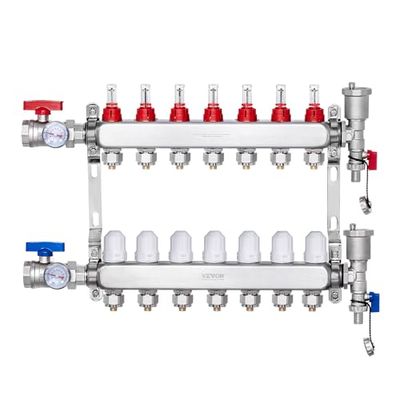 VEVOR Collecteur de Chauffage Radiant 7 Branches, Kit Collecteur Tubes PEX 1,27 cm en Acier Inoxydable, avec Adaptateurs 1,27 cm, Accessoires de Montage, pour Chaleur Radiante Hydronique par le Sol