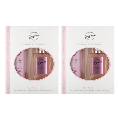 Designer Fragrances Tu Est Belle Female Twin Gift Set - Includes 2 x 100ml Body Spray Deodorant Cans, 2 x 50ml Women’s Eau De Parfum Sprays - For Instant Freshness on The Go - Long Lasting Smells