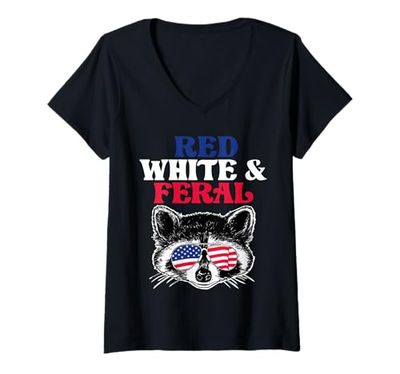 Donna Raccoon Red White and Feral Maglietta con Collo a V