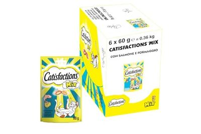 Catisfactions Mix Snack per Gatto con Delizioso Salmone e Stuzzicante Formaggio, 6 Confezioni da 60 g