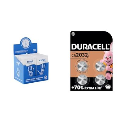 Clinell Antimicrobial Hand Wipes - Sanitising Wipes, Ideal for Travel - Dermatologically Tested & DURACELL 2032 Lithium Coin Batteries 3V (4 Pack) - Up to 70% Extra Life - Baby Secure Technology