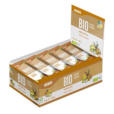 Weider Bio Natural Bar (20x50g) Almendra-Coco, Barritas Ecológicas Energéticas de Almendra y Coco, Sin Azúcar añadido, Sin Aceite de Palma, Vegano