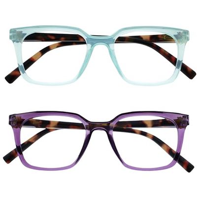 OPULIZE KOI Gafas de Lectura Pack de 2 - Elegante Marco Rectangular Ancho - Violeta/Turquesa - Hombre Mujer - Bisagras de Muelle - RR50-5Q - +1.50