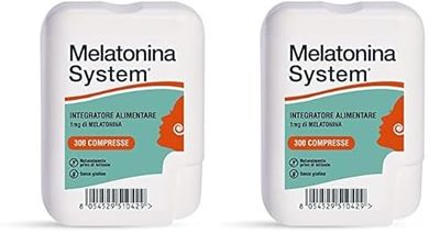 Melatonina System, 300 Compresse Melatonina 1Mg, Integratore Alimentare Utile per Prendere Sonno e Alleviare i Sintomi del Jet Lag, Regola il Ciclo Sonno-Veglia,con Dispenser, 30g (Confezione da 2)