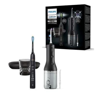 Philips Sonicare Brosse à dents électrique sonique DiamondClean 9000 + Jet dentaire sans fil Power Flosser 3000, Noir (modèle HX3866/43)