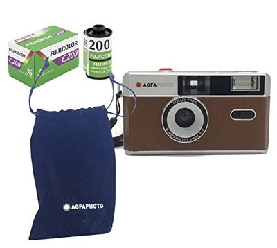 AgfaPhoto Minicámara analógica de 35 mm, Color marrón + película de imágenes a Color + batería