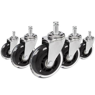 hjh OFFICE 729403 Rolki do krzeseł biurowych ROLO Skate srebrne/przezroczyste 5 x kółka do twardych podłóg 11 mm x 75 mm bez hamulca