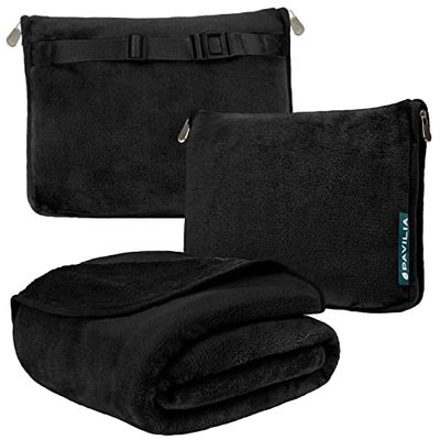 PAVILIA Coperta da viaggio e cuscino, coperta combinata 2 in 1 in caldo e morbido pile per aereo, campeggio, viaggi in auto, set grande e compatto con cinghia per bagagli e clip per zaino, 60 x 43 cm