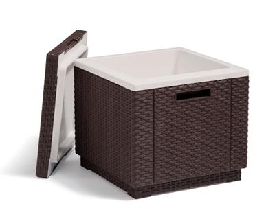 CURVER Keter Ice Cube Mesa frigorífico para terraço ou jardim exterior, resina com acabamento em vime plano, 42 x 42 x 41 cm, cor castanha