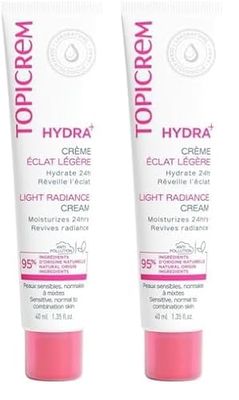 Topicrem - HYDRA+ Crème Hydratante Éclat Légère pour Peaux Sensibles, Normales à Mixtes, Adultes et Adolescents - Hydrate 24h, Réveille l’Éclat - 40 ml (Lot de 2)