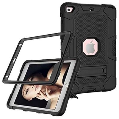 iPad mini4/5 fodral med stativ, slitstarkt, stötsäkert, hårt hybrid-treskikts skyddsfodral, softshell, Apple surfplatta, silikonfodral (svart + svart)