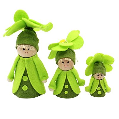 Dekohelden24 Juego de 3 muñecos de Fieltro para Colocar de pie o Colgar, Gorro, 3 tamaños Diferentes de 6 a 12 cm, Flor Verde, 12 cm
