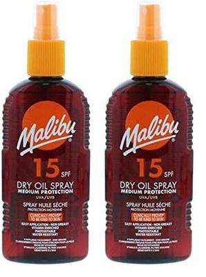 Malibu Suntan Dry Oil Spray Very Water Resistant SPF 15 Medium Protection (Pack of 2)