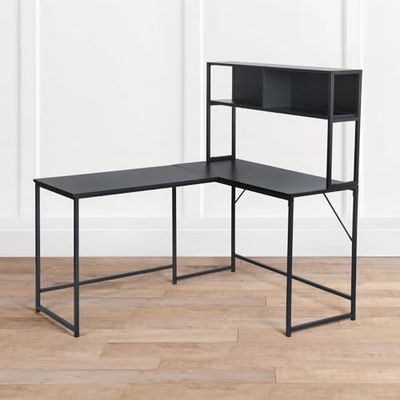 FurnitureR Grand Bureau d'angle en Forme de L pour Jeux avec 2 étagères en métal-Style Contemporain-Bois Noir et Structure en Fer 135 cm, 138 X 110 X 75-135cm