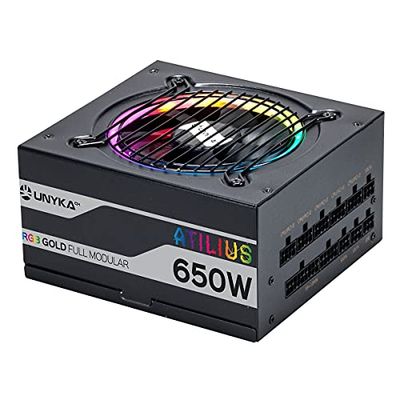UNYKAch Source d'alimentation ATILIUS Full Modulaire ATX Noir 650 W avec éclairage RVB, efficacité de 90%, Ventilateur 120 mm Ultra Silencieux et Protection Contre Les surintensités
