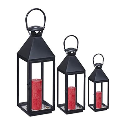 Relaxdays Set 3 Portavelas, Farol Decorativo para Interior y Exterior, 3 Tamaños, Metal, Cristal, Farolillo Vela, Negro, Hierro