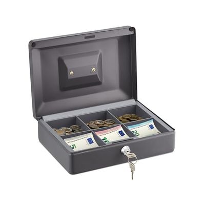 Relaxdays caudales Caja de Dinero con Cerradura y 2 Llaves, Hierro, para Monedas y Billetes, 9 x 25 x 18 cm, Gris, Acero