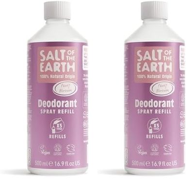 Natural Deodorant Spray Refill by Salt of the Earth, Peony Blossom - Vegan, Long Lasting Protection, Leaping Bunny Approved, Made in the UK - 500ml (Lot de 2)