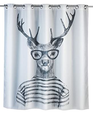 WENKO Rideau de douche anti-moisissure Flex Mr. Deer antibactérien, lavable, anneaux intégrés Blanc