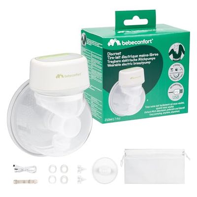 Bebeconfort Discreet Bärbar Bröstpump Elektrisk, Handsfree Bröstpump, Låg Ljudnivå (51 db), 3 Pumplägen, 15 Intensitetsinställningar, Lång Batteritid, Stor Behållare 210 ML