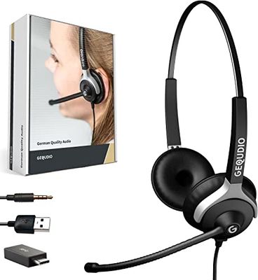 GEQUDIO [3-in-1 Business Headset with USB-A, USB-C and 3.5 mm Jack Compatible with PC, Mac and Smartphone - Headphones & Microphone Replacement Pad - Especially Light 80 g (2-Ear)