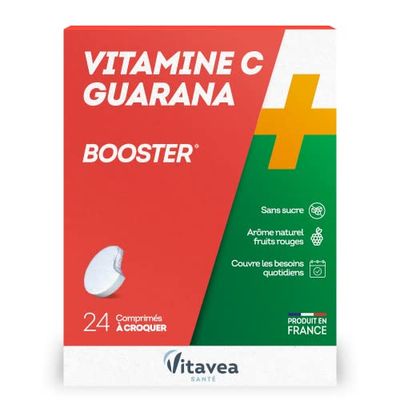 Vitavea - Vitamine C Guarana - booster sans sucre arome naturel fruits rouges - fabriqué en France - 24 comprimés à croquer