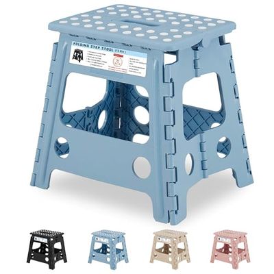 VECELO Folding Step Stool 32cm, Non-Slip Surface Portabl Foldable with Carry Handle, Heavy Duty to Support Kids/Toddler/Adults for Living Room Kitchen, Bathroom, Blue