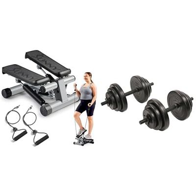 Sunny Health & Fitness Mini Stepper Machine, with Resistance Bands and LCD Monitor + Exercise Vinyl 18 KG Dumbbell Set Hand Weights for Strength Training, Weight Loss, Workout Bench