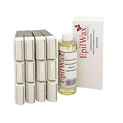 EpilWax - Restocking kit with: 12 Roll-on Cartridges with Chocolate, 1 pack of 100 non-woven strips for depilation, and 1 bottle of 250 ml neutral after-depilation oil (Chocolate Series)