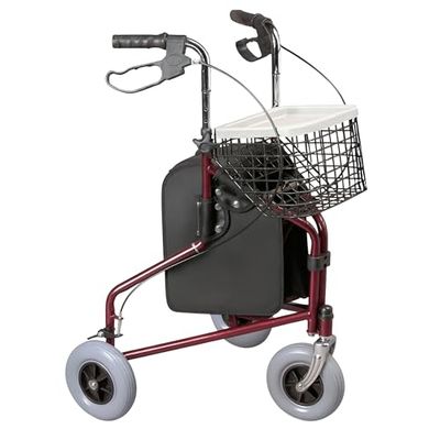 Homecraft Folding Three Wheeled Rollator, Tri Mobility Walker with Lockable Cable Brakes, Carry Bag, Basket and Tray, Walking Mobility Aid, Lightweight Foldable Steel Frame, Ruby