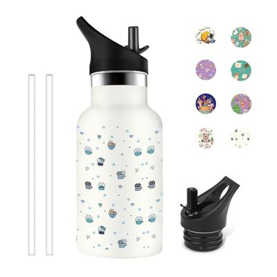 Grsta Botella Agua Acero Inoxidable, 350ml Botella Agua Niños, Botella Agua a Prueba de Fugas, Termo Cafe sin BPA, Fácil de Limpiar, Botella Termica para Agua Caliente, Café, Té, Blanco-Gatito