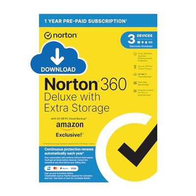 Norton 360 Deluxe with Extra Storage, 25 GB Extra Cloud Backup, Antivirus Software for 3 Devices and 1-year Subscription With Automatic Renewal