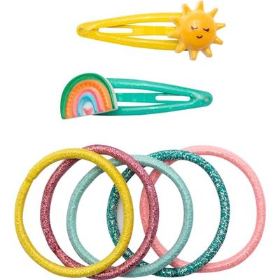 GRUSS & CO Set di accessori per capelli con motivo "arcobaleno" | Set regalo con 2 fermagli per capelli glitter e 5 elastici per capelli, regalo di compleanno per bambini, borsa per la scuola, ragazza
