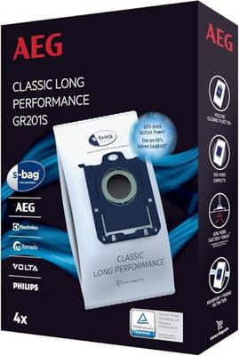 AEG GR201S 4x Cylinder S-Bag, Dust Bags For Vacuum Cleaner, Lasts 50% Longer, High Filtration Efficiency, Hygienic Closing Function