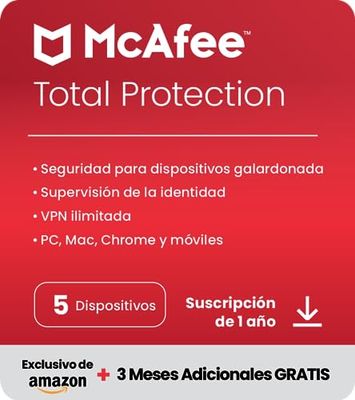 McAfee Total Protection 2024 Exclusivo de Amazon, 5 dispositivos | Antivirus, VPN, seguridad móvil y de Internet | PC/Mac/iOS/Android|Suscripción de 15 meses | Código por correo electrónico