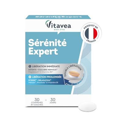 Vitavea - Sérinité Expert - Magnésium, Mélisse, Vitamine B6 et Vitamine B1 - Complément alimentaire Détente et Relaxation - Action prolongée - 30 comprimés - Cure 1 mois - Fabriqué en France