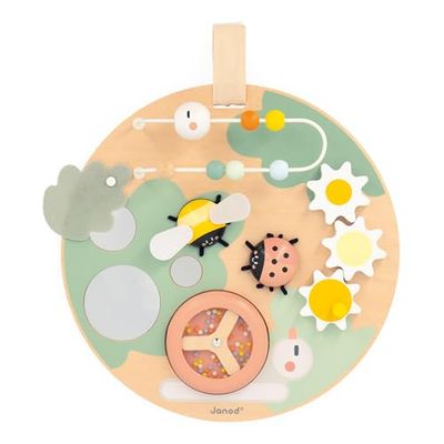JANOD - Panel de Actividades Sweet Cocoon - 7 Actividades Primera Infancia - Juguete de Estímulo - Ejercita Motricidad Fina - Juguete de Madera FSC - Pintura al Agua - A Partir de 12 Meses, J04057