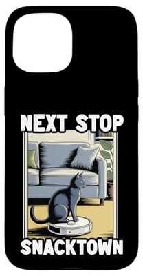 Next Stop Snacktown Cat On Robot Aspirador Funny Cat Carcasa para iPhone 15