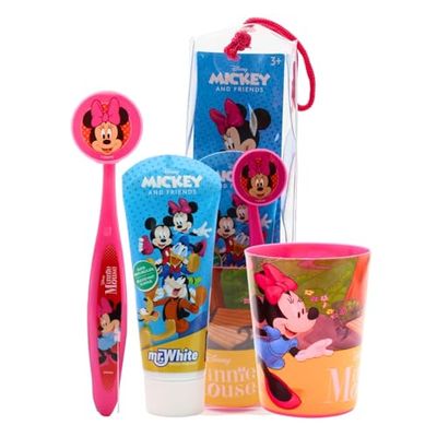 Mr.White Minnie - Juego de bolsas para niños, ideal para viajes, incluye cepillo de dientes manual con ventosa, tapa de viaje, pasta de dientes con sabor a menta suave para niños, 75 ml, y 1 vaso de
